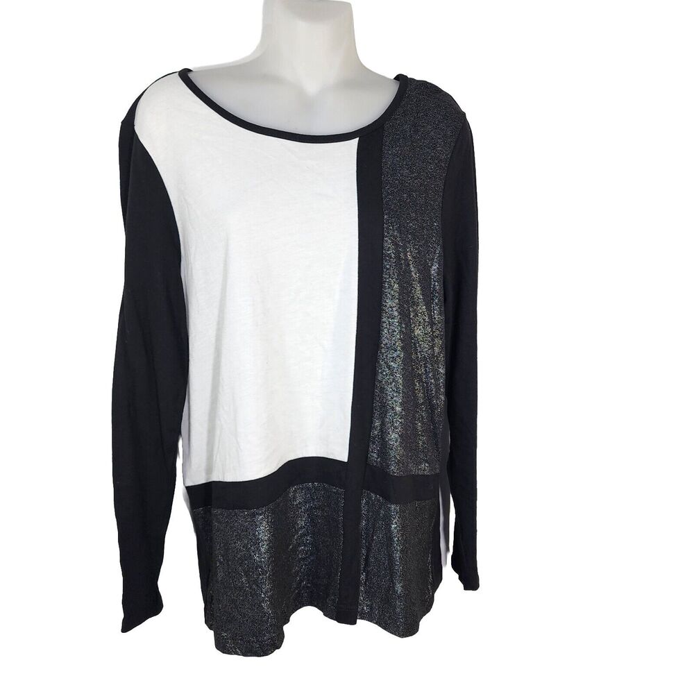 Chico's Womens Top Size 1 Medium Black White Colorblock Foil Scoop Neck Long Slv
